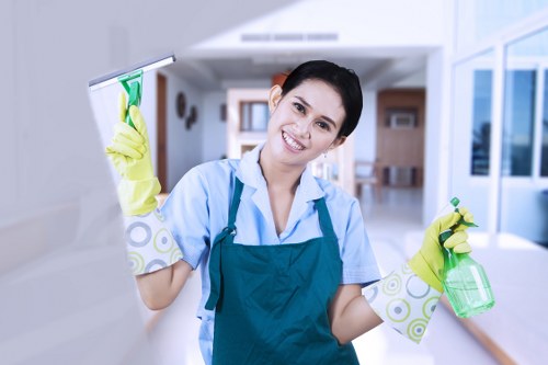Professional cleaner in Finsburypark dusting and vacuuming a living room